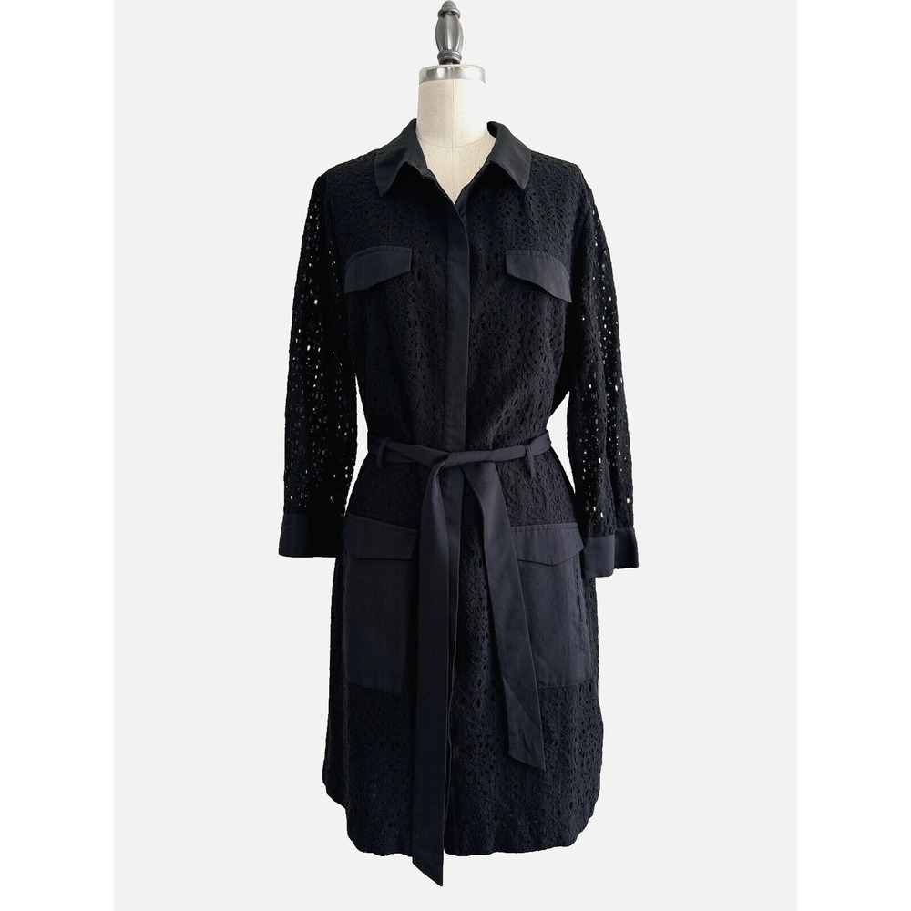 CeCe by Cynthia Steffe Shirt Dress Size 12 Black Eyelet Cargo Pockets Tie Waist‎